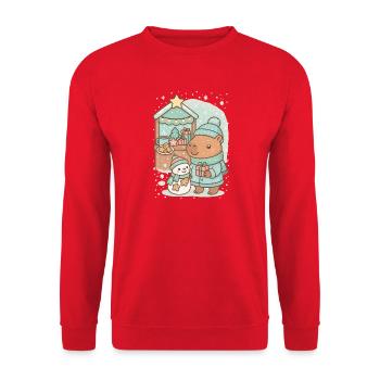 Capybara Weihnachtsmarkt mit Schneemann - Unisex Pullover - Rot - Vorne - Alina (178cm) & Michal (187cm)