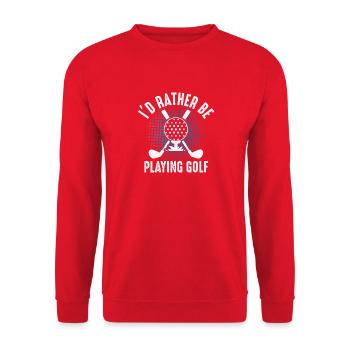 Ich würde lieber Golf spielen – Golfer Design - Unisex Pullover - Rot - Vorne - Alina (178cm) & Michal (187cm)