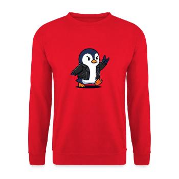 Rocker-Pinguin in Lederjacke mit Teufelshorn - Unisex Pullover - Rot - Vorne - Alina (178cm) & Michal (187cm)