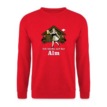Ich bleibe auf der Alm - Unisex Pullover - Rot - Vorne - Alina (178cm) & Michal (187cm)