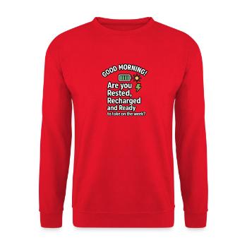 Morning Boost Battery Meter, lustige entspannende Vibes - Unisex Pullover - Rot - Vorne - Alina (178cm) & Michal (187cm)
