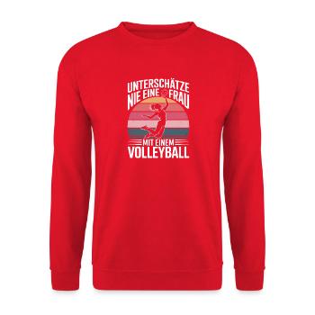 Unterschätze Nie Eine Frau Mit Einem Volleyball - Unisex Pullover - Rot - Vorne - Alina (178cm) & Michal (187cm)
