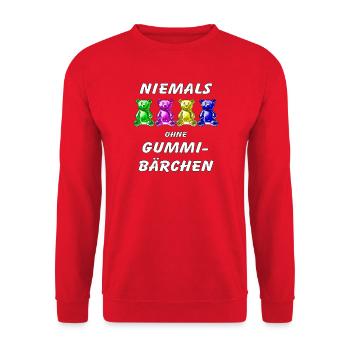 NIEMALS OHNE GUMMIBÄRCHEN - Unisex Pullover - Rot - Vorne - Alina (178cm) & Michal (187cm)