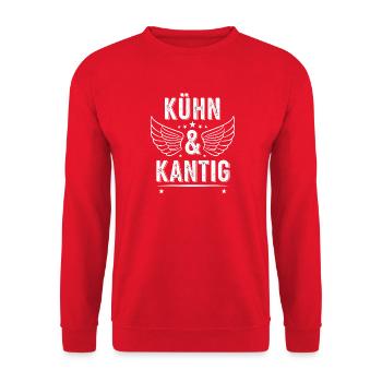 Kühn & Kantig Spruch - Vintage Used Look Statement - Unisex Pullover - Rot - Vorne - Alina (178cm) & Michal (187cm)