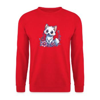Niedlicher Polarfuchs im Blumenmeer - Unisex Pullover - Rot - Vorne - Alina (178cm) & Michal (187cm)