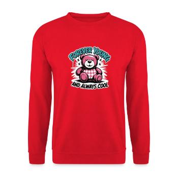 Forever Young Teddybär Grafik - Unisex Pullover - Rot - Vorne - Alina (178cm) & Michal (187cm)