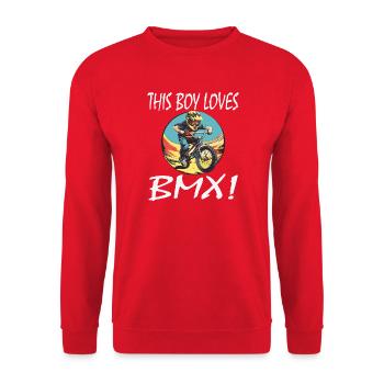 Junge liebt BMX – BMX Action Motiv - Unisex Pullover - Rot - Vorne - Alina (178cm) & Michal (187cm)