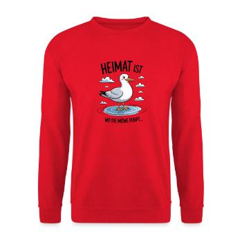 Heimat Ist Wo Die Möwe Pupt Lustiges Möwenmotiv - Unisex Pullover - Rot - Vorne - Alina (178cm) & Michal (187cm)