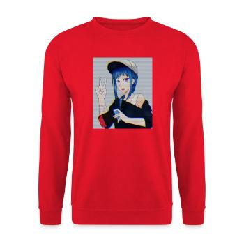 Retro Anime Gamer Girl Glitch Art Vaporwave-Stil - Unisex Pullover - Rot - Vorne - Alina (178cm) & Michal (187cm)