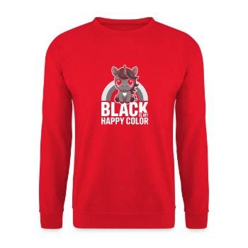 Graue Einhorn-Grafik: Schwarz ist meine glückliche Farbe - Unisex Pullover - Rot - Vorne - Alina (178cm) & Michal (187cm)