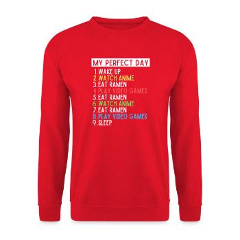 Mein perfekter Tag Anime Ramen Gaming Nerd Design - Unisex Pullover - Rot - Vorne - Alina (178cm) & Michal (187cm)