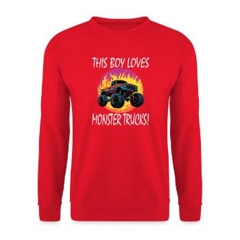This boy loves monster trucks! - Unisex Sweatshirt - red - Front - Alina (178cm) & Michal (187cm)