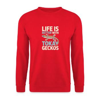 Das Leben ist besser mit Tokay-Geckos - Unisex Pullover - Rot - Vorne - Alina (178cm) & Michal (187cm)