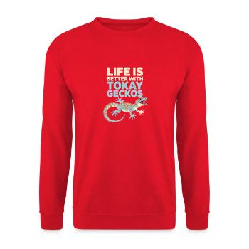 Das Leben ist besser mit Tokay-Geckos - Unisex Pullover - Rot - Vorne - Alina (178cm) & Michal (187cm)