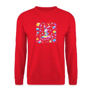 Cosmischer Hase auf Sternenwelle - Unisex Pullover - Rot - Vorne - Alina (178cm) & Michal (187cm)