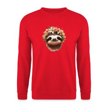 Blumenkranz-Sloth Porträt - Unisex Pullover - Rot - Vorne - Alina (178cm) & Michal (187cm)