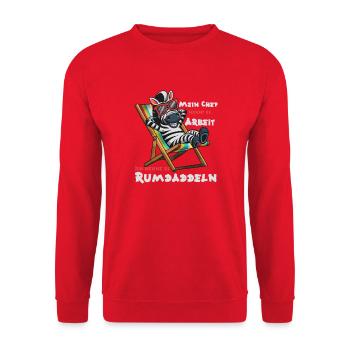 Zebra im Strandstuhl. Arbeit ist das nicht! - Unisex Pullover - Rot - Vorne - Alina (178cm) & Michal (187cm)
