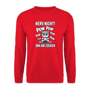 Nerv nicht bin am Zocken Gamer Katze Design - Unisex Pullover - Rot - Vorne - Alina (178cm) & Michal (187cm)