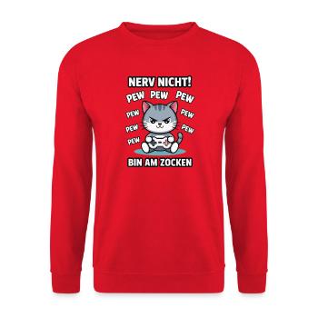 Nerv nicht bin am Zocken Gamer Katze Design - Unisex Pullover - Rot - Vorne - Alina (178cm) & Michal (187cm)