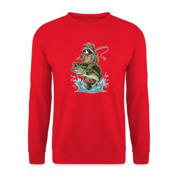 Funny raccoon rides on a bass fish - Unisex Sweatshirt - red - Front - Alina (178cm) & Michal (187cm)