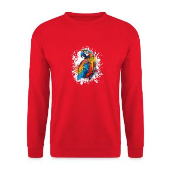 Farbexplosion Papagei Illustration - Unisex Pullover - Rot - Vorne - Alina (178cm) & Michal (187cm)