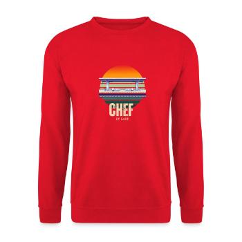 Station Master Retro Sunset Train - Unisex Pullover - Rot - Vorne - Alina (178cm) & Michal (187cm)