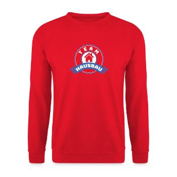 Team Hausbau Emblem - Unisex Pullover - Rot - Vorne - Alina (178cm) & Michal (187cm)