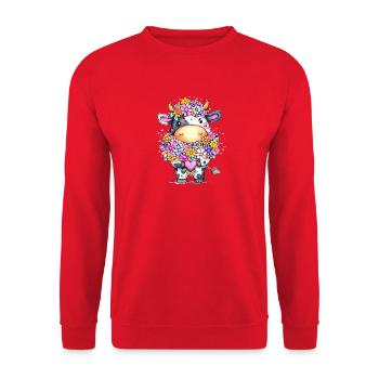Kuh mit Blumenkranz - Unisex Pullover - Rot - Vorne - Alina (178cm) & Michal (187cm)