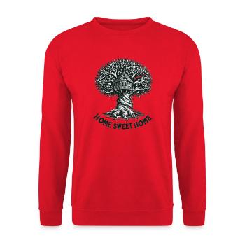 Baumhaus Holzschnitt Waldbild - Unisex Pullover - Rot - Vorne - Alina (178cm) & Michal (187cm)
