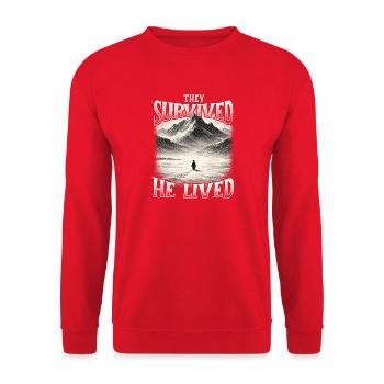 They Survived He Lived Penguin Meme Existential - Unisex Sweatshirt - red - Front - Alina (178cm) & Michal (187cm)