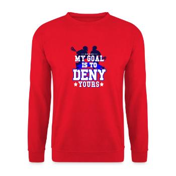 My Goal Is To Deny Yours Lacrosse Design - Unisex Pullover - Rot - Vorne - Alina (178cm) & Michal (187cm)
