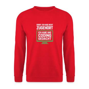 Coding Gedacht statt Zugehörigkeit - Unisex Pullover - Rot - Vorne - Alina (178cm) & Michal (187cm)