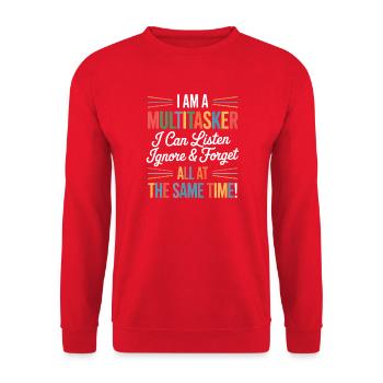 Multitasker Sprüche Sarkasmus Bürohumor Geschenk - Unisex Pullover - Rot - Vorne - Alina (178cm) & Michal (187cm)