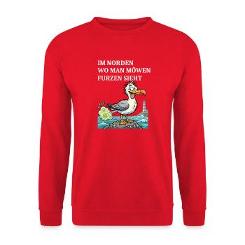 Norddeutscher Humor Spruch Möwe - Unisex Pullover - Rot - Vorne - Alina (178cm) & Michal (187cm)