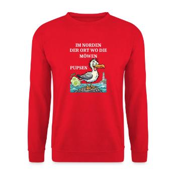 Norddeutscher Humor Spruch Möwe - Unisex Pullover - Rot - Vorne - Alina (178cm) & Michal (187cm)
