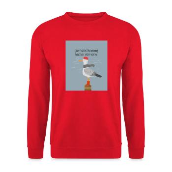 Der Wind kommt immer von vorn Möwe Spruch - Unisex Pullover - Rot - Vorne - Alina (178cm) & Michal (187cm)