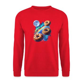 Kosmische Donuts über Regenbogenraum - Unisex Pullover - Rot - Vorne - Alina (178cm) & Michal (187cm)