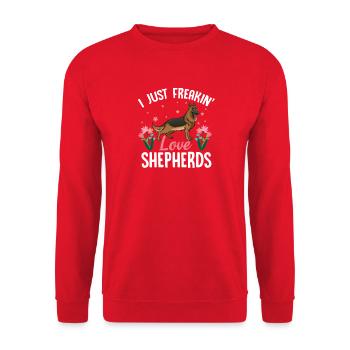 Liebe Schäferhunde mit Blumenmotiv - Unisex Pullover - Rot - Vorne - Alina (178cm) & Michal (187cm)