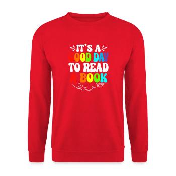 Rainbow Reading Day Zitat-Tee - Unisex Pullover - Rot - Vorne - Alina (178cm) & Michal (187cm)