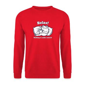 Relax! Frosch mit Kaffee - Unisex Pullover - Rot - Vorne - Alina (178cm) & Michal (187cm)