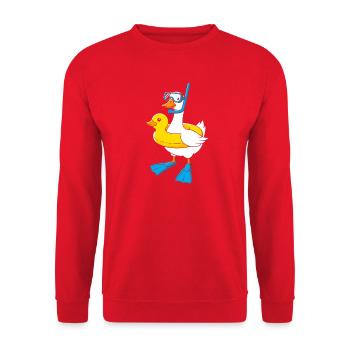 Schnorchelente mit Flossen - Unisex Pullover - Rot - Vorne - Alina (178cm) & Michal (187cm)