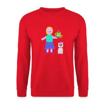 Fröhliche Mädchen Kaffee Praline Katze - Unisex Pullover - Rot - Vorne - Alina (178cm) & Michal (187cm)
