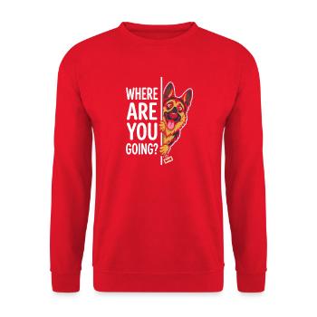 Où vas-tu ? Le chien surveille - Sweat-shirt Unisexe - rouge - Devant - Alina (178cm) & Michal (187cm)