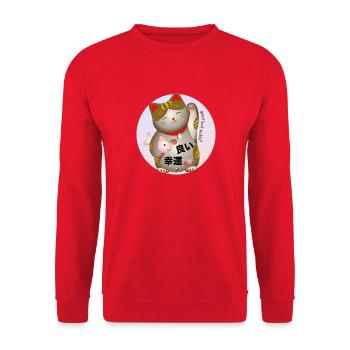 Winkende japanische Katze Abbildung mit Inschrift - Unisex Pullover - Rot - Vorne - Alina (178cm) & Michal (187cm)