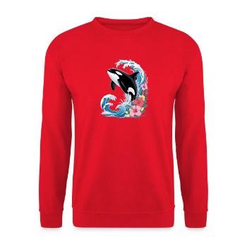 Orca wave with tropical hibiscus flowers summer - Unisex Sweatshirt - red - Front - Alina (178cm) & Michal (187cm)