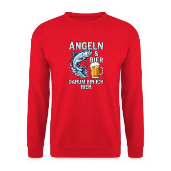 Angeln und Bier Darum bin ich hier Fisch - Unisex Pullover - Rot - Vorne - Alina (178cm) & Michal (187cm)