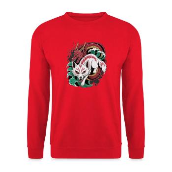 Kitsune Drache Shirt Japanisches Fantasy Motiv - Unisex Pullover - Rot - Vorne - Alina (178cm) & Michal (187cm)