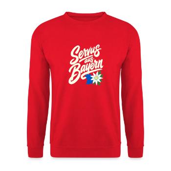 Servus aus Bayern Bavarian Heimatliebe Saying - Unisex Pullover - Rot - Vorne - Alina (178cm) & Michal (187cm)