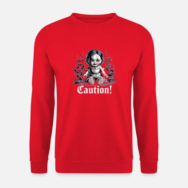 Creepy Doll with Caution Text - Unisex Sweatshirt - red