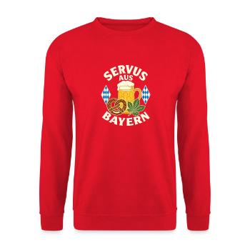 Servus aus Bayern Bierbrezel - Unisex Pullover - Rot - Vorne - Alina (178cm) & Michal (187cm)